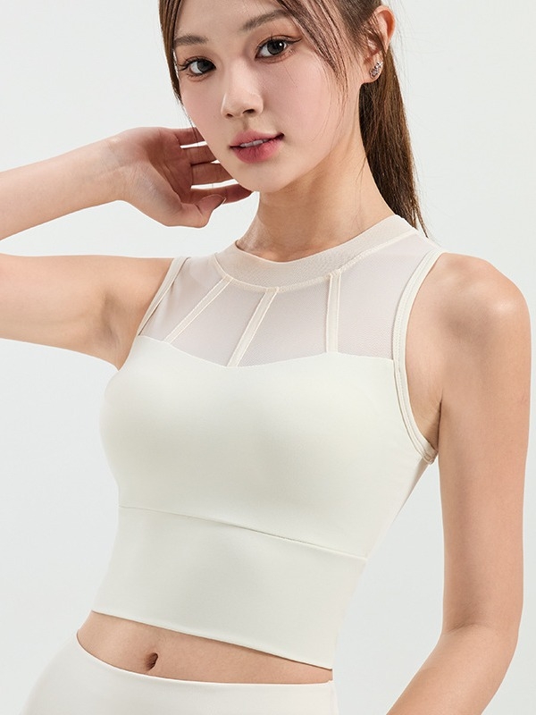 Γυναικείο αμάνικο αθλητικό γιλέκο με διχτυωτό πάνελ, ενσωματωμένη στήριξη για τρέξιμο και γιόγκα, μονοκόμματη κατασκευή, κατάλληλο για καλοκαίρι, άνοιξη, φθινόπωρο, 80% νάιλον, 20% σπαντέξ