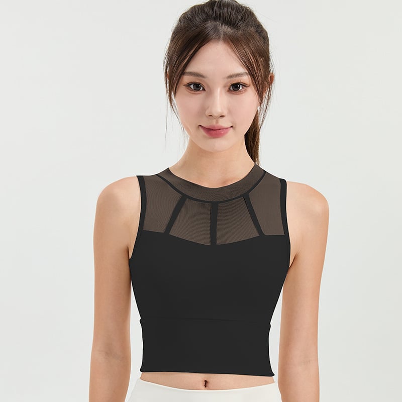 Γυναικείο αμάνικο αθλητικό γιλέκο με διχτυωτό πάνελ, ενσωματωμένη στήριξη για τρέξιμο και γιόγκα, μονοκόμματη κατασκευή, κατάλληλο για καλοκαίρι, άνοιξη, φθινόπωρο, 80% νάιλον, 20% σπαντέξ