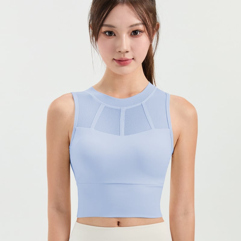 Γυναικείο αμάνικο αθλητικό γιλέκο με διχτυωτό πάνελ, ενσωματωμένη στήριξη για τρέξιμο και γιόγκα, μονοκόμματη κατασκευή, κατάλληλο για καλοκαίρι, άνοιξη, φθινόπωρο, 80% νάιλον, 20% σπαντέξ