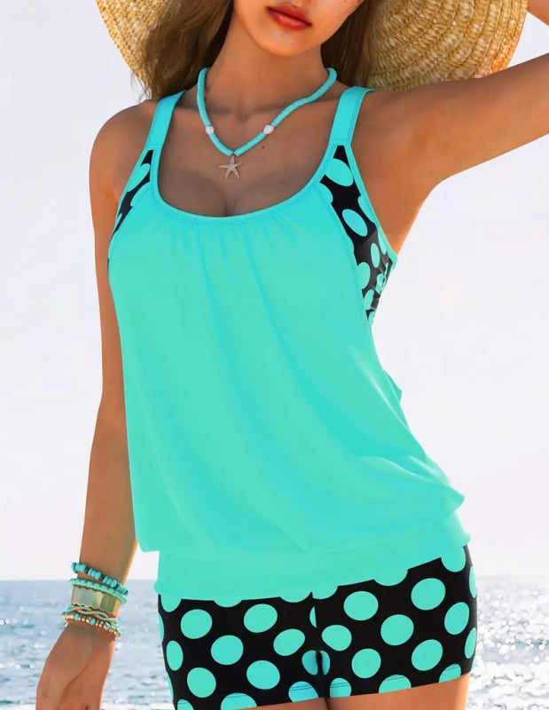 Tankini kupaći s točkicama, bez rukava, s umetkom za grudi, 82% najlon / 18% elastin, 210 g/m2