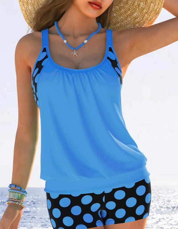 Tankini kupaći s točkicama, bez rukava, s umetkom za grudi, 82% najlon / 18% elastin, 210 g/m2