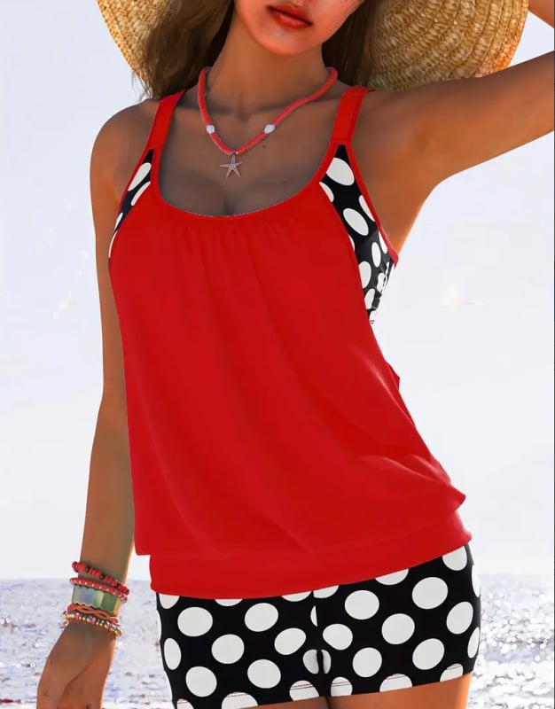 Tankini kupaći s točkicama, bez rukava, s umetkom za grudi, 82% najlon / 18% elastin, 210 g/m2