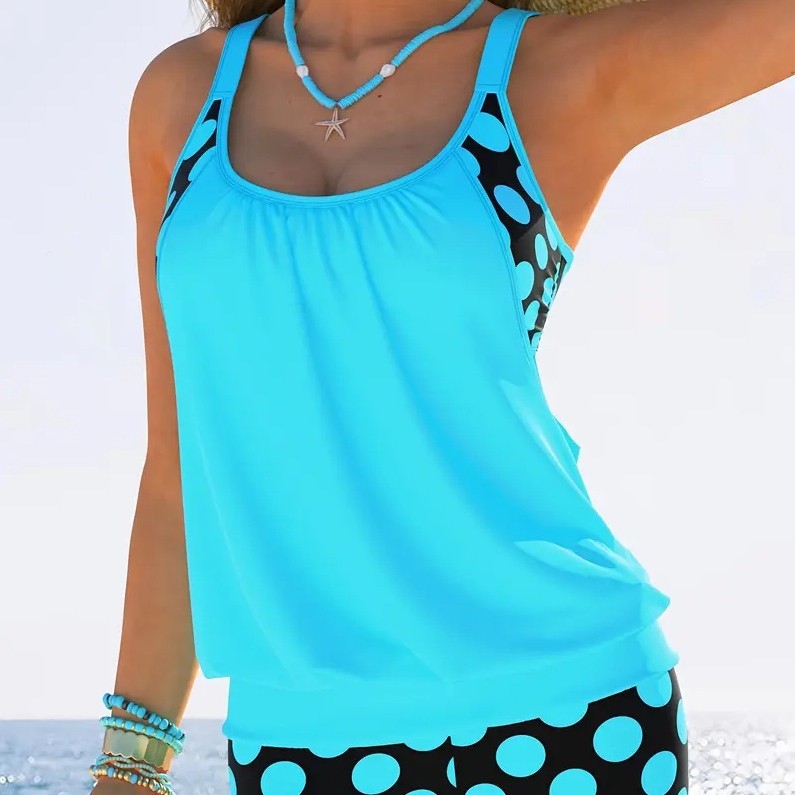 Tankini kupaći s točkicama, bez rukava, s umetkom za grudi, 82% najlon / 18% elastin, 210 g/m2