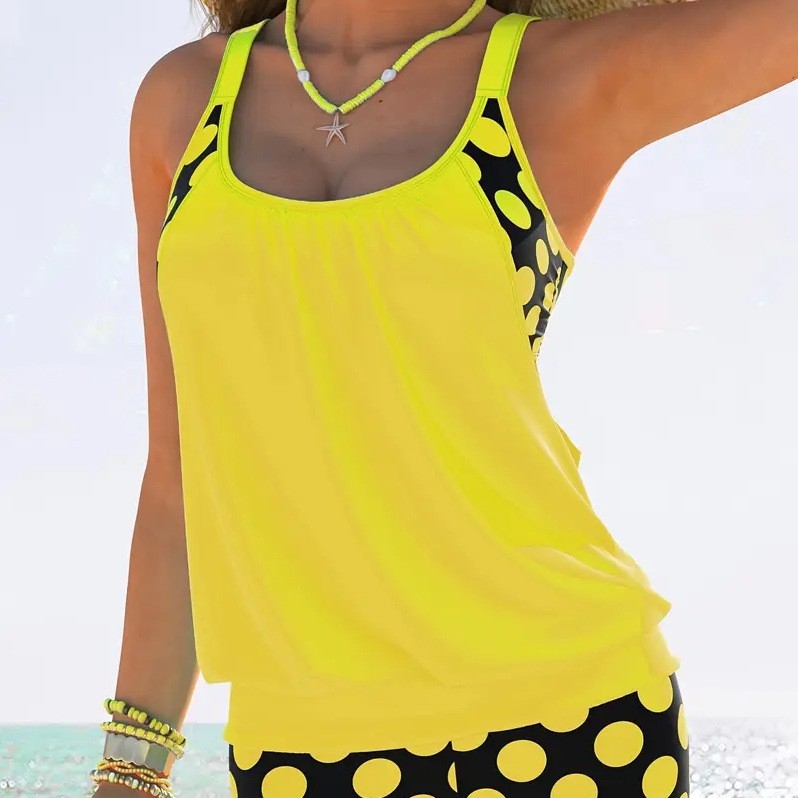 Tankini kupaći s točkicama, bez rukava, s umetkom za grudi, 82% najlon / 18% elastin, 210 g/m2