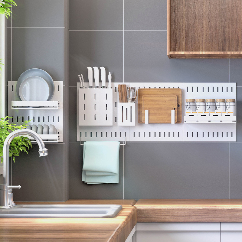 Nana Неръждаема стомана – стенен рафт с перфорирана дъска за съдове, дренажен рафт и органайзер за подправки — мултифункционален, без пробиване, мобилен