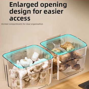 Zidni kuhinjski spremnik za skladištenje vlasac, đumbir i češnjak u nordijskom stilu; plastika, s tiskanim logotipom