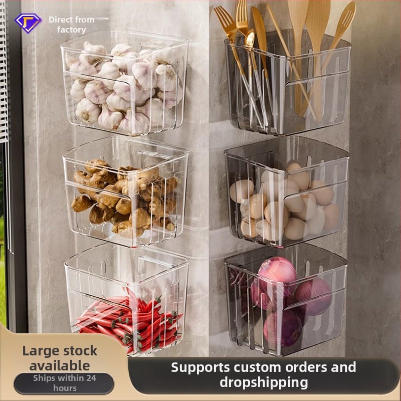 Zidni kuhinjski spremnik za skladištenje vlasac, đumbir i češnjak u nordijskom stilu; plastika, s tiskanim logotipom