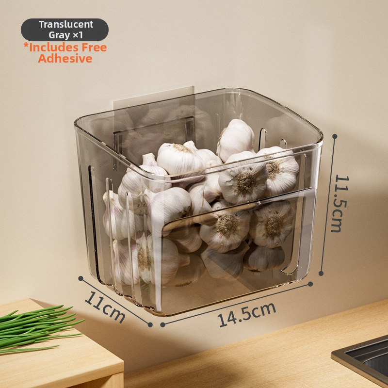 Zidni kuhinjski spremnik za skladištenje vlasac, đumbir i češnjak u nordijskom stilu; plastika, s tiskanim logotipom