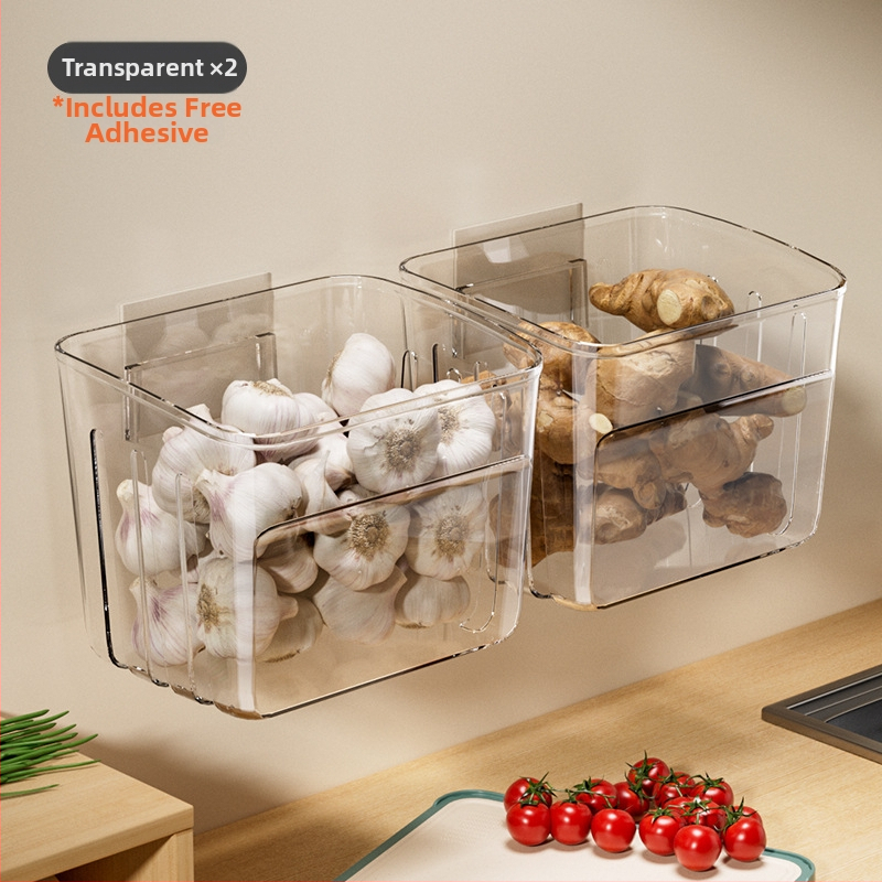 Zidni kuhinjski spremnik za skladištenje vlasac, đumbir i češnjak u nordijskom stilu; plastika, s tiskanim logotipom