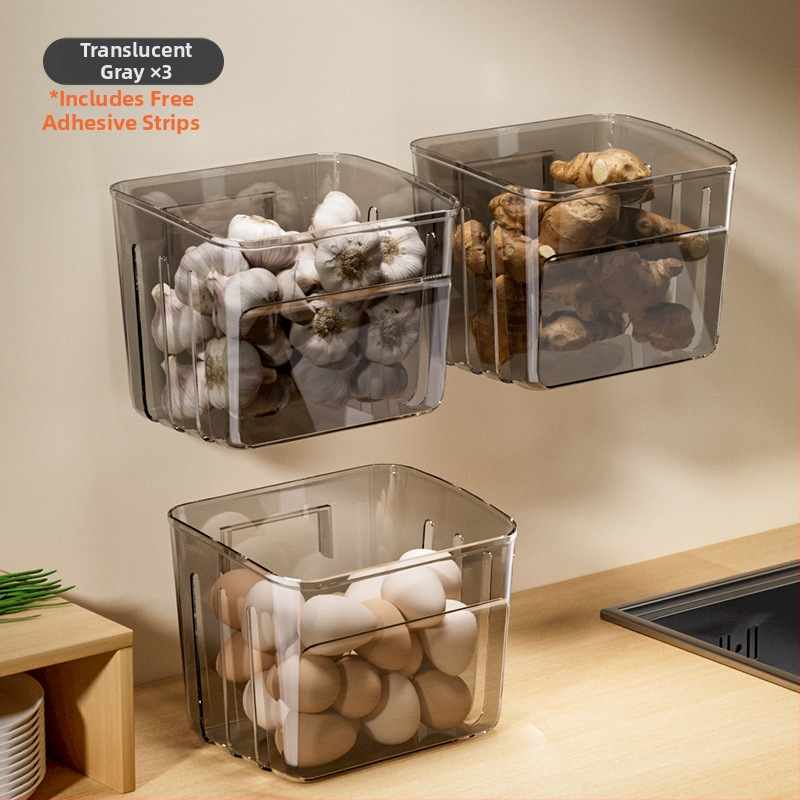 Zidni kuhinjski spremnik za skladištenje vlasac, đumbir i češnjak u nordijskom stilu; plastika, s tiskanim logotipom