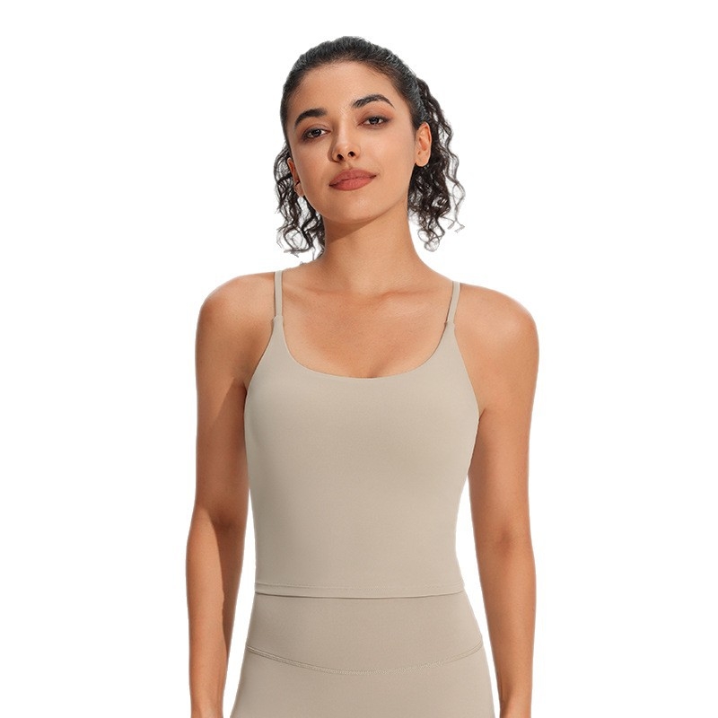 Ženski sportski grudnjak s tankim trakama i otvorenim leđima za jogu — najlon, brzo se suši, s umetkom, uski kroj, duljina 41-45 cm