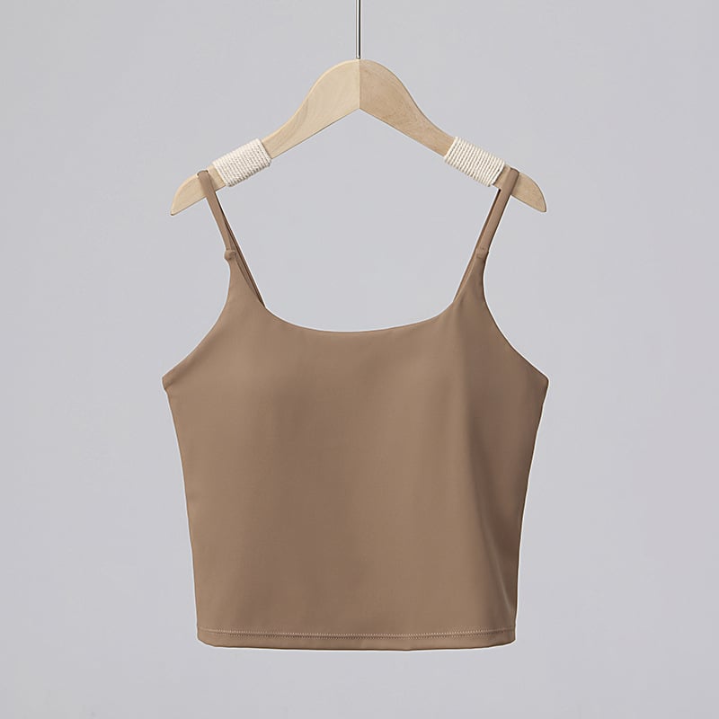 Ženski sportski grudnjak s tankim trakama i otvorenim leđima za jogu — najlon, brzo se suši, s umetkom, uski kroj, duljina 41-45 cm