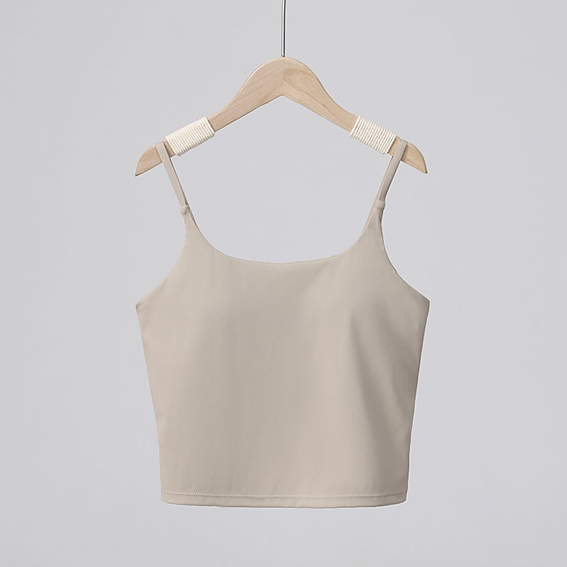 Ženski sportski grudnjak s tankim trakama i otvorenim leđima za jogu — najlon, brzo se suši, s umetkom, uski kroj, duljina 41-45 cm