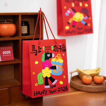 Darčeková taška s motívom koně, téma Rok koně 2026, kreslený štýl, biely kartón, pôvod: Jinhua, Zhejiang