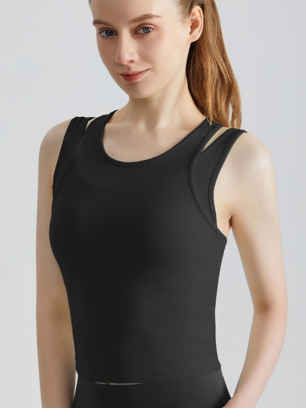 Ženski sportski top bez rukava s čvrsto ugrađenim jastučićima — najlon-spandeks materijal, brzo se suši i prozračan, okrugli izrez, široke naramenice, duljina do struka
