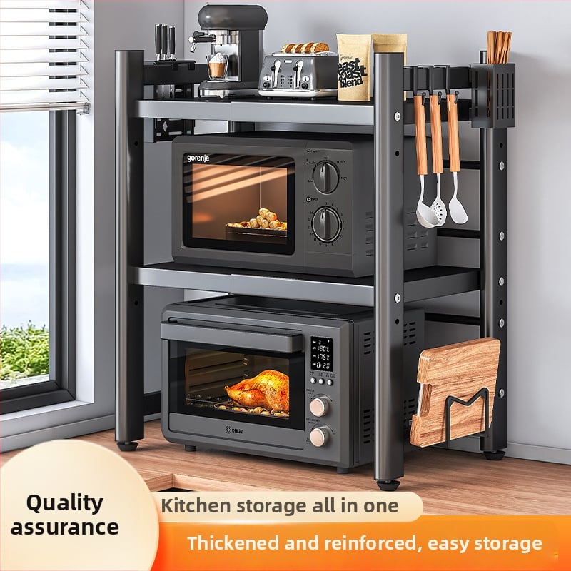 Kovový kuchynský stojan na mikrovlnnú rúru – viacposchodový, vysúvací, stolový úložný priestor pre rúru a hrniec na ryžu