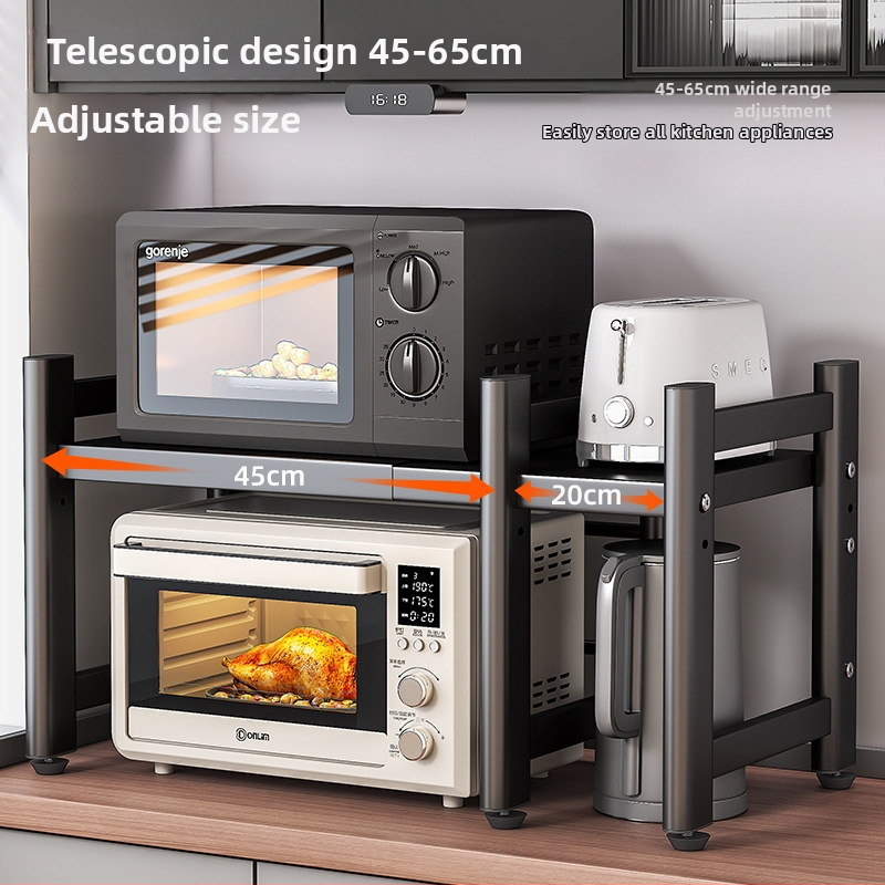 Kovový kuchynský stojan na mikrovlnnú rúru – viacposchodový, vysúvací, stolový úložný priestor pre rúru a hrniec na ryžu