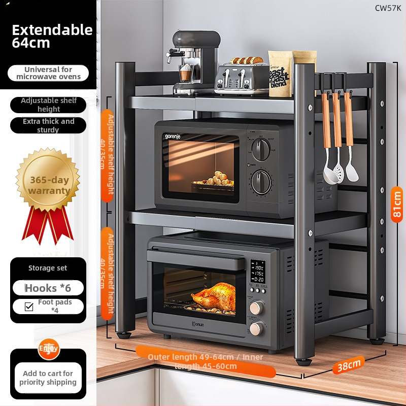 Kovový kuchynský stojan na mikrovlnnú rúru – viacposchodový, vysúvací, stolový úložný priestor pre rúru a hrniec na ryžu