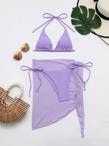 Trodijelni bikini set: halter vrat, trokutasti gornji dio i pokrivač; jedinstven korejskog stila; poliester 82% s 18% spandex podlogom; jastučići za grudi; bez čelične podrške; za plivanje