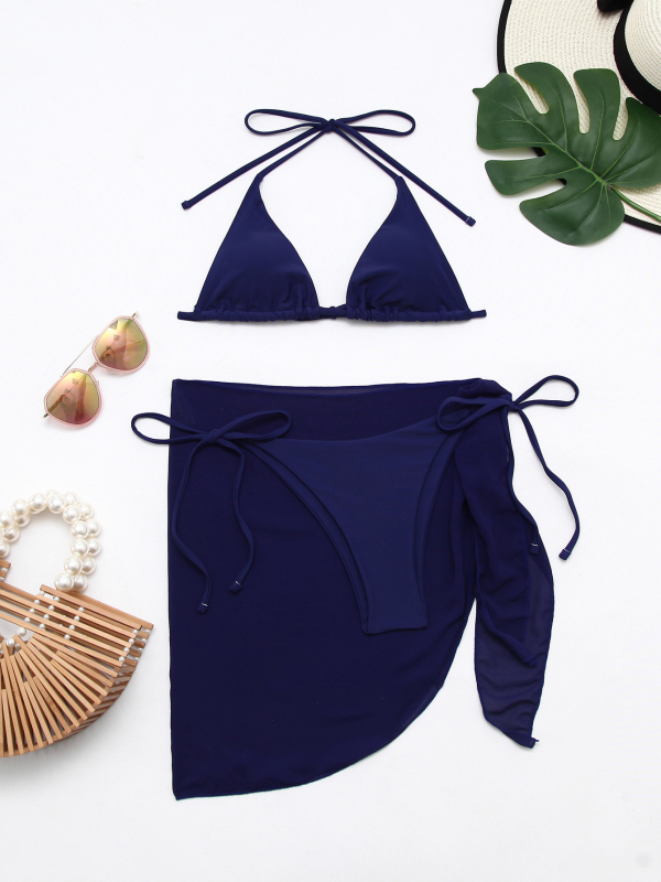 Trodijelni bikini set: halter vrat, trokutasti gornji dio i pokrivač; jedinstven korejskog stila; poliester 82% s 18% spandex podlogom; jastučići za grudi; bez čelične podrške; za plivanje