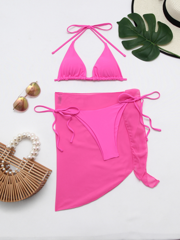 Trodijelni bikini set: halter vrat, trokutasti gornji dio i pokrivač; jedinstven korejskog stila; poliester 82% s 18% spandex podlogom; jastučići za grudi; bez čelične podrške; za plivanje