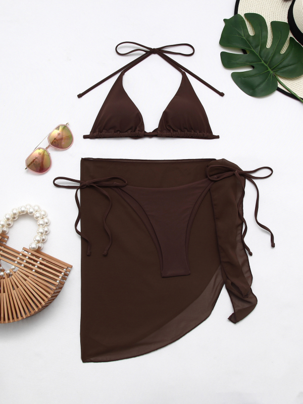 Trodijelni bikini set: halter vrat, trokutasti gornji dio i pokrivač; jedinstven korejskog stila; poliester 82% s 18% spandex podlogom; jastučići za grudi; bez čelične podrške; za plivanje