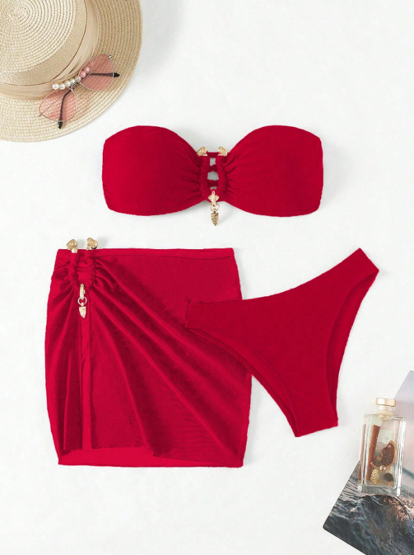 Trodjelni bikini set za žene, jednofarbni, s jastučićima za grudi, najlon tkanina, podstava od poliestera s elastanom