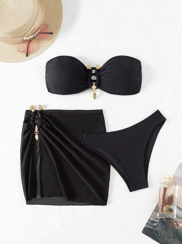 Trodjelni bikini set za žene, jednofarbni, s jastučićima za grudi, najlon tkanina, podstava od poliestera s elastanom