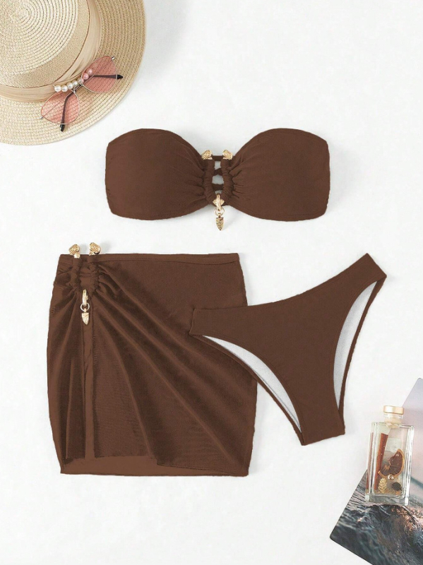 Trodjelni bikini set za žene, jednofarbni, s jastučićima za grudi, najlon tkanina, podstava od poliestera s elastanom