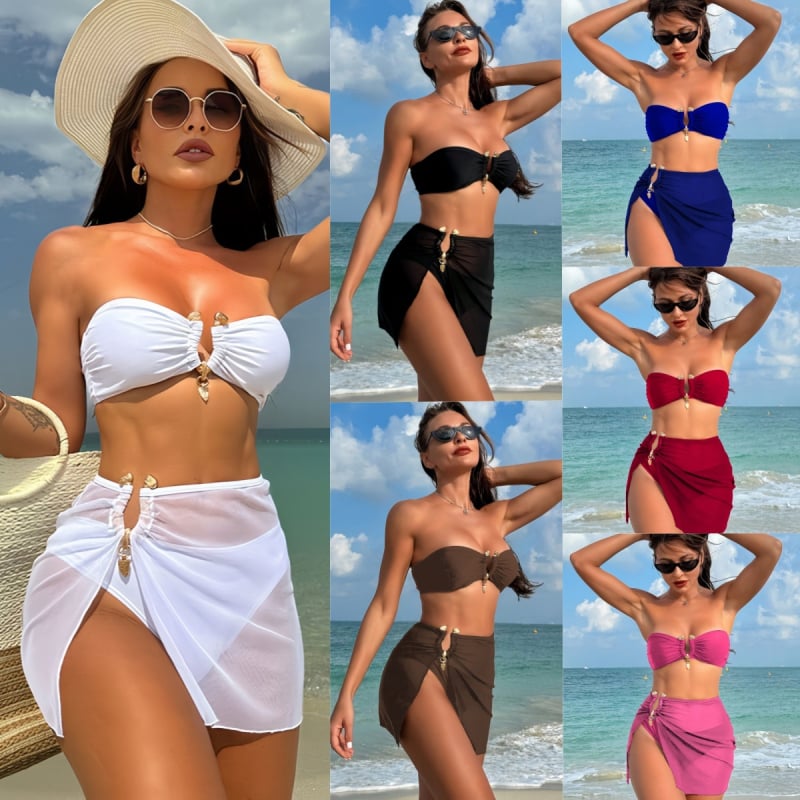 Trodjelni bikini set za žene, jednofarbni, s jastučićima za grudi, najlon tkanina, podstava od poliestera s elastanom