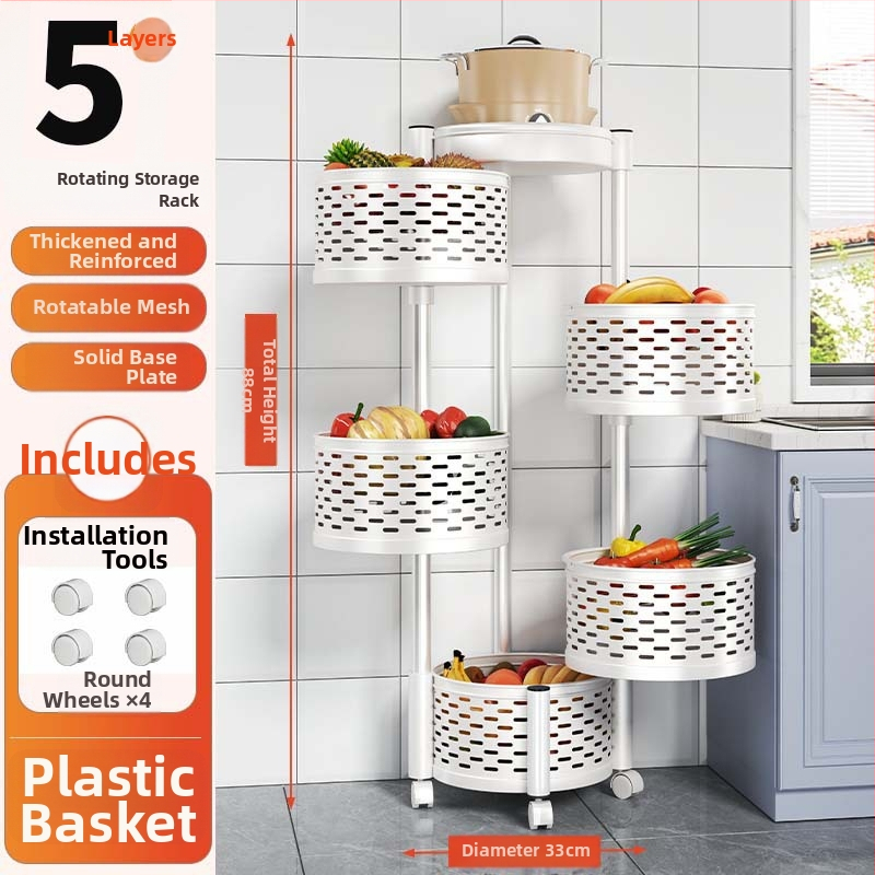 Kuhinjski 5-etažni podni stojeći rotirajući skladišni stalak, plastični, višestruka namjena, prijenosni