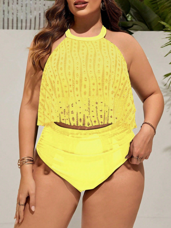 Ženski dvodijelni bikini s halter vratom — bez rukava, poliester, s umetkom na prsima, bez čelne potpore, pogodan za plivanje i vodene sportove