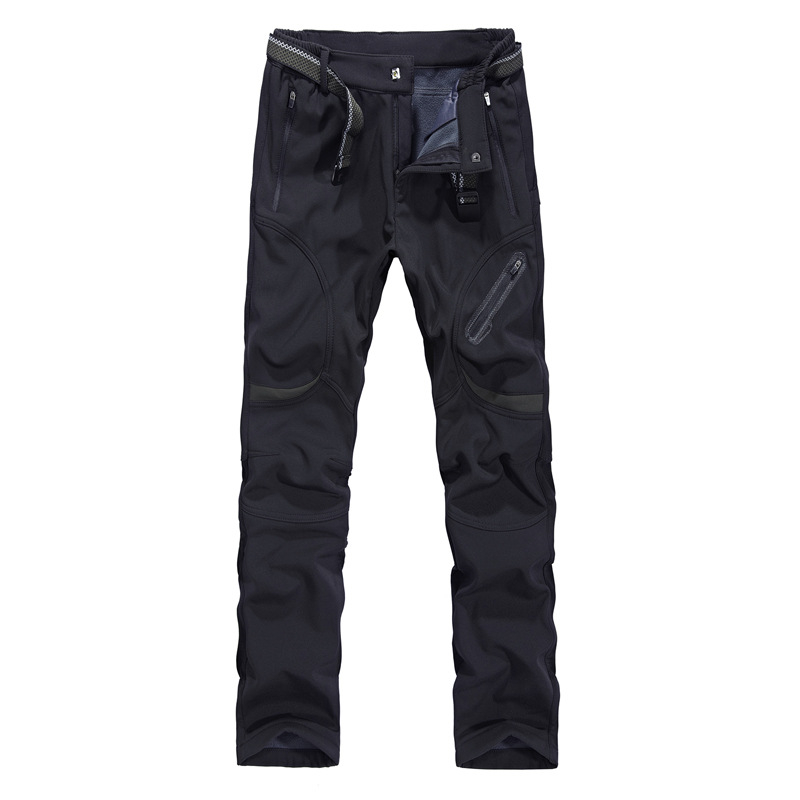 Vanjske soft-shell hlače s fleece podstavom, debeli, casual straight-leg kroj, srednji pojas s remenom, zatvarač, vodootporne i otporne na vjetar, poliester