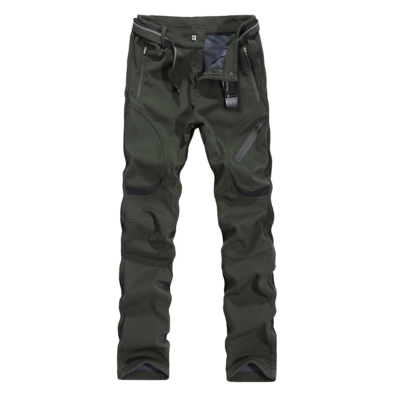 Vanjske soft-shell hlače s fleece podstavom, debeli, casual straight-leg kroj, srednji pojas s remenom, zatvarač, vodootporne i otporne na vjetar, poliester
