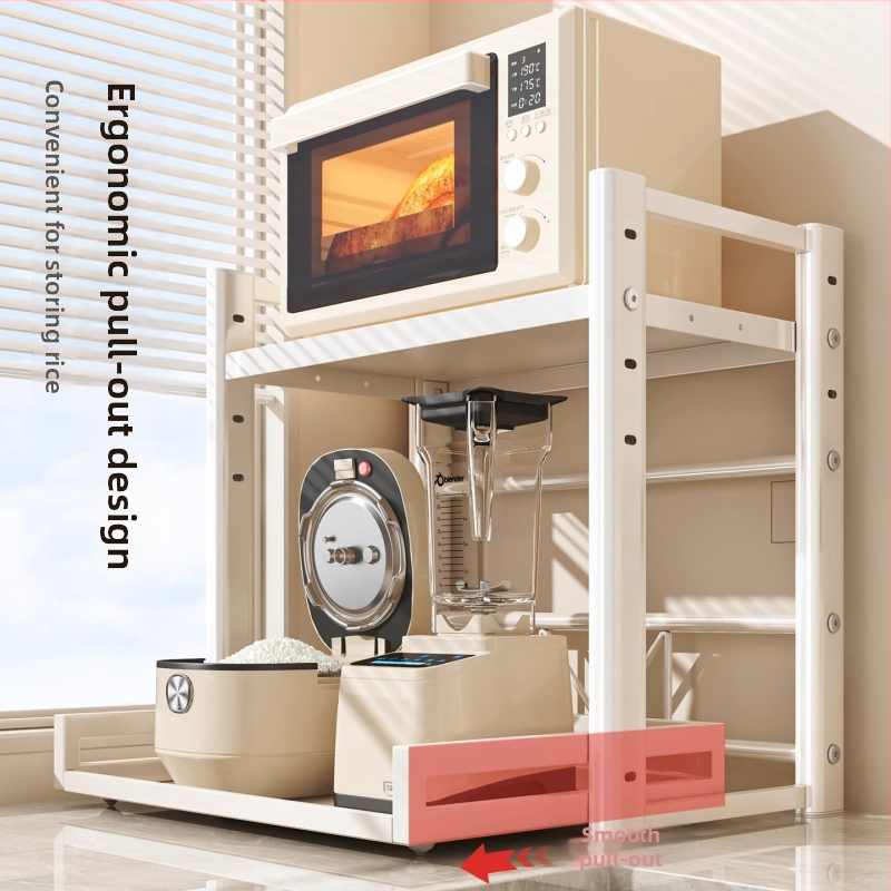 Vytiahateľný dvojposchodový regál na kuchynské spotrebiče, pre mikrovlnnú rúru, z karbónovej ocele, moderný minimalistický štýl, model: Polica