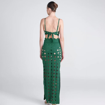 Трикомпонентен бански костюм за плаж с висока талия, без ръкави, изрязана шарка и подплънки за бюста — Nylon 80% / Spandex 20%