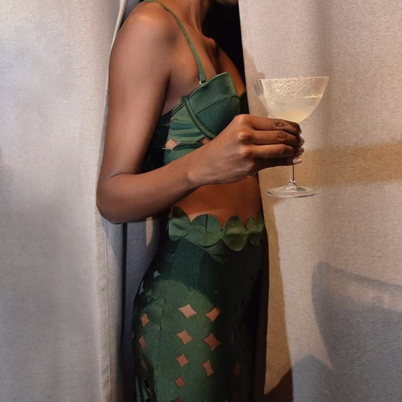 Трикомпонентен бански костюм за плаж с висока талия, без ръкави, изрязана шарка и подплънки за бюста — Nylon 80% / Spandex 20%