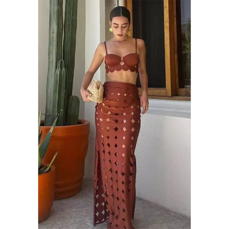 Трикомпонентен бански костюм за плаж с висока талия, без ръкави, изрязана шарка и подплънки за бюста — Nylon 80% / Spandex 20%