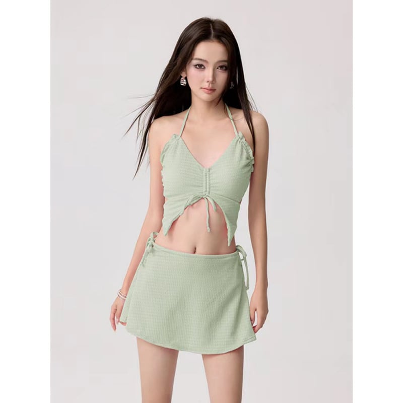 Женски тричаст бикини комплект с долнище в стил пола, бързосъхнеща полиестерна материя, подплътени чашки