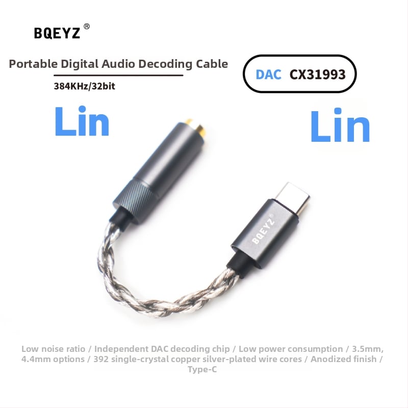 BQEYZ Lin Type-C na 3.5 mm ili 4.4 mm DAC kabel za pretvarač-pojačalo slušalica, bakreni vodič s srebrnom prevlakom, CE certifikat, 18 g