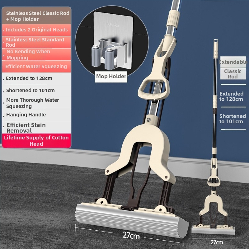 Szivacsos mop összecsukható fejjel, kézzel mosható, rozsdamentes acélszár, Collodion anyag