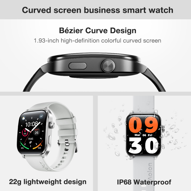 Pametni sat Curve3: 3D zakrivljeni zaslon, treća generacija, visoka preciznost praćenja; vodootporan, mjerenje otkucaja srca, zasićenost kisikom, praćenje sna, Bluetooth pozivi, kompatibilan s iOS
