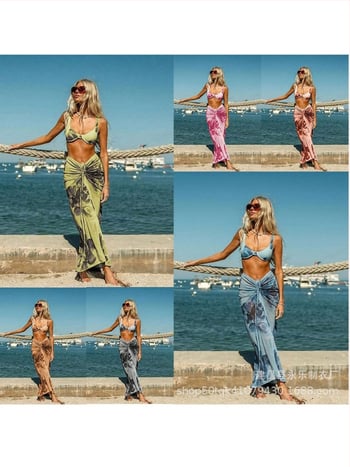 Пиони принт тричаст женски бански комплект за плуване и водни спортове, полиестер, бързосъхнещ, висока еластичност