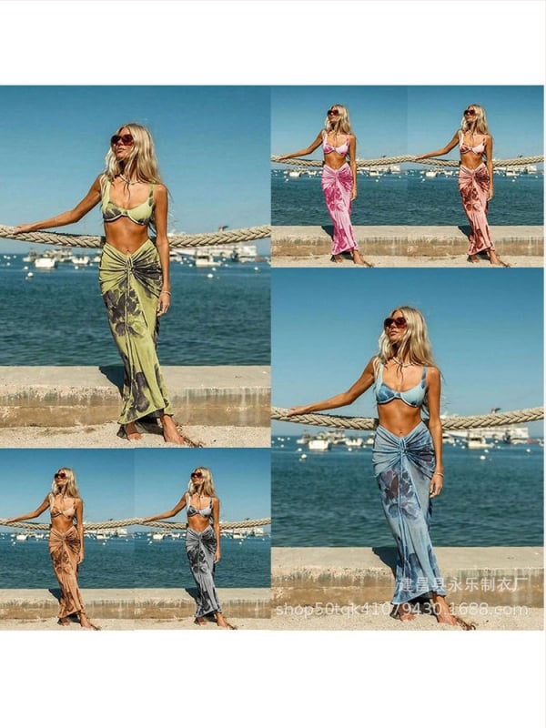 Пиони принт тричаст женски бански комплект за плуване и водни спортове, полиестер, бързосъхнещ, висока еластичност