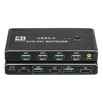 KVM prekidač za dva računala, HDMI 4K, USB 3.0, 2 ulaza/1 izlaz, dijeljenje radne površine