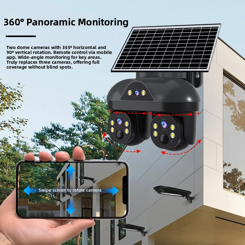 Cameră de securitate solară 5G, cu vizualizare panoramică 360° HD, iluminare minimă 0,00001 lux, SNR > 44 dB, potrivită pentru interior și exterior