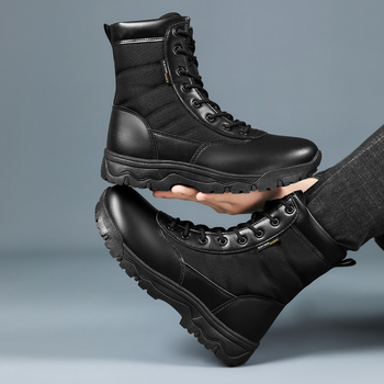 Високи бойни ботуши с горна част от Space кожа, велур и Oxford плат; неплъзгаща се и износоустойчива гумена подметка; универсални за възрастни мъже и жени; подходящи за походи, къмпинг, колоездене, стрелкови спортове и бойни изкуства