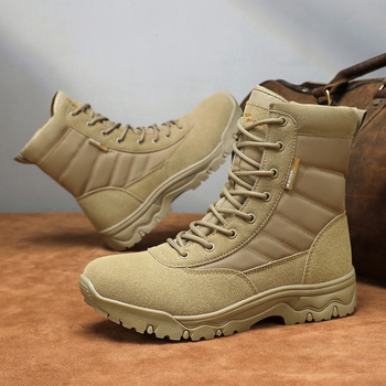 Високи бойни ботуши с горна част от Space кожа, велур и Oxford плат; неплъзгаща се и износоустойчива гумена подметка; универсални за възрастни мъже и жени; подходящи за походи, къмпинг, колоездене, стрелкови спортове и бойни изкуства