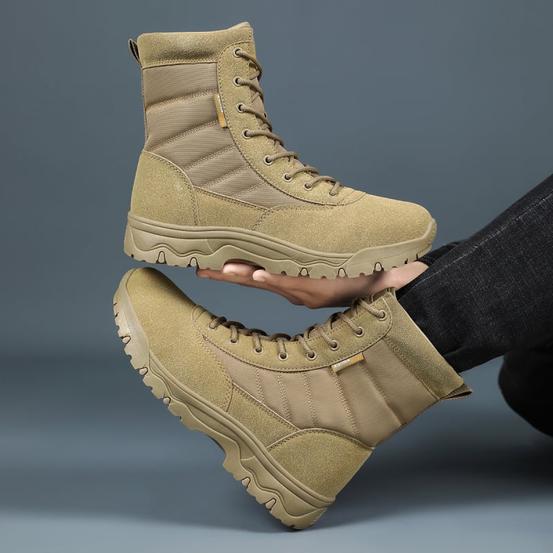 Високи бойни ботуши с горна част от Space кожа, велур и Oxford плат; неплъзгаща се и износоустойчива гумена подметка; универсални за възрастни мъже и жени; подходящи за походи, къмпинг, колоездене, стрелкови спортове и бойни изкуства