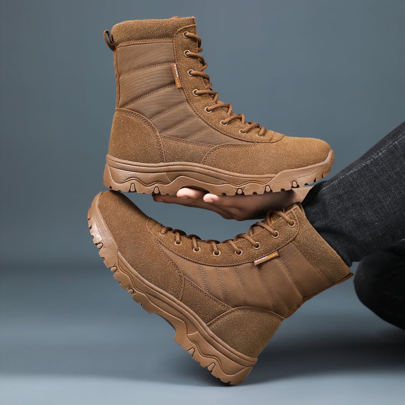 Високи бойни ботуши с горна част от Space кожа, велур и Oxford плат; неплъзгаща се и износоустойчива гумена подметка; универсални за възрастни мъже и жени; подходящи за походи, къмпинг, колоездене, стрелкови спортове и бойни изкуства